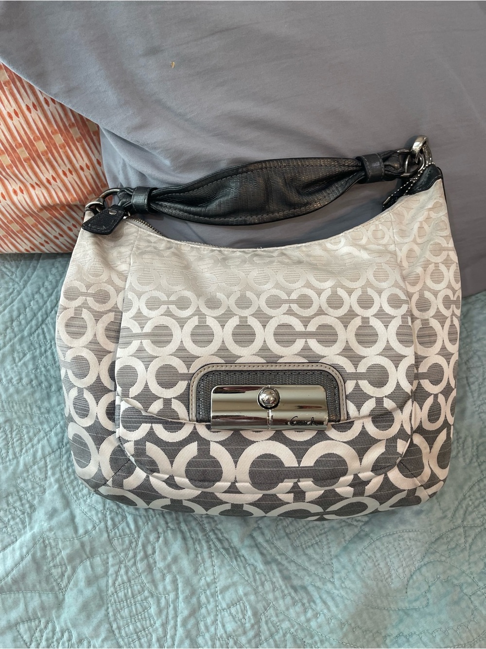 Coach Gray and White Signature Canvas Shoulder Bag